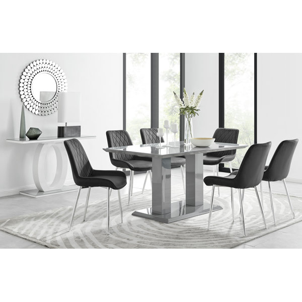 East Urban Home Eubanks High Gloss Double Pillar Dining Table Set with